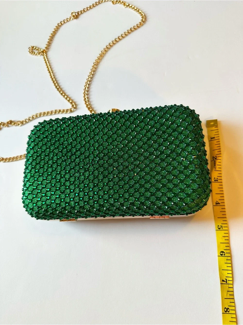 Green Crystal Evening Clutch with Gold Chain Strap